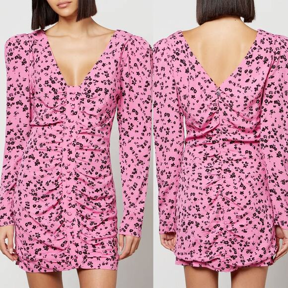 ROTATE NWT Fine Jacquard Floral Ruched Mini Dress in Pink Size 6 - Picture 4 of 16